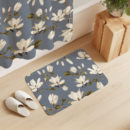 White Magnolia Grove on Slate Blue Elegant Floral バスマット