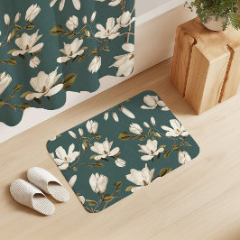 White Magnolia Grove on Viridian Elegant Floral バスマット