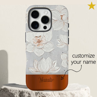 White Magnolia Painting Copper Metal Custom Name iPhone 16 Proケース