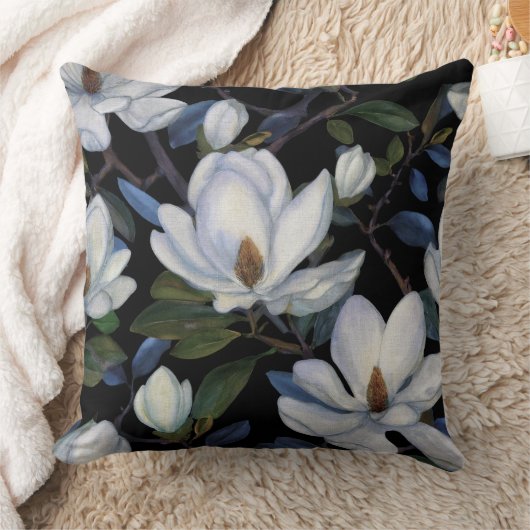 White magnolias on black pattern クッション (ブランケット)