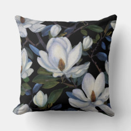 White magnolias on black pattern クッション