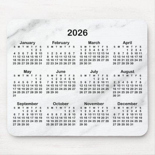 White Marble Black 2026 Calendar マウスパッド (正面)