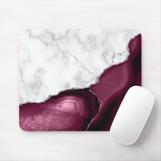 White Marble Burgundy Silver Agate マウスパッド (マウス)