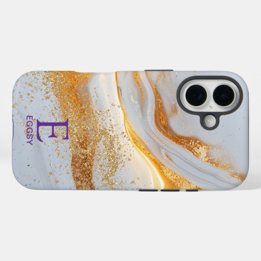 White marble chic gold glitter monogram Case-Mate iPhoneケース (裏面 (横))