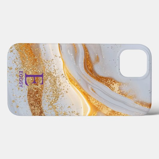 White marble chic gold glitter monogram Case-Mate iPhoneケース (裏面 (横))