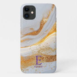 White marble chic gold glitter monogram iPhone 11 ケース