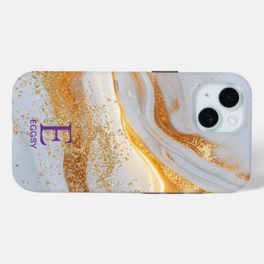 White marble chic gold glitter monogram Case-Mate iPhoneケース (裏面 (横))