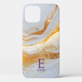 White marble chic gold glitter monogram iPhone 12ケース