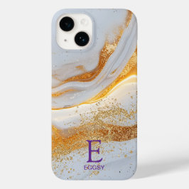White marble chic gold glitter monogram Case-Mate iPhone 14ケース