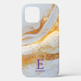 White marble chic gold glitter monogram iPhone 12ケース