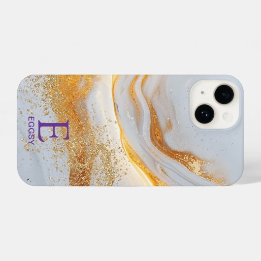 White marble chic gold glitter monogram iPhoneケース (裏面横)