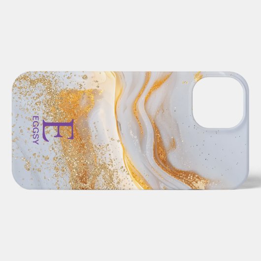 White marble chic gold glitter monogram iPhoneケース (裏面横)