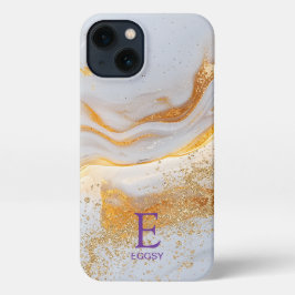 White marble chic gold glitter monogram iPhone 13ケース