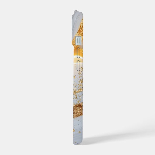 White marble chic gold glitter monogram iPhone 15ケース (左側面)