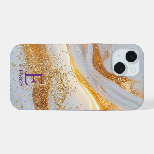 White marble chic gold glitter monogram iPhone 15ケース (裏面横)