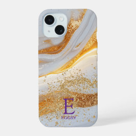 White marble chic gold glitter monogram iPhone 15ケース