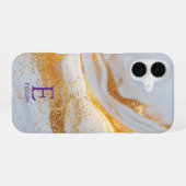 White marble chic gold glitter monogram iPhone 16ケース (裏面横)