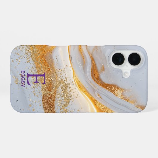 White marble chic gold glitter monogram iPhone 16ケース (裏面横)