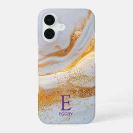 White marble chic gold glitter monogram iPhone 16ケース