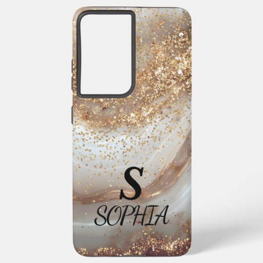 white marble chic gold glitter monogram samsung galaxyケース (裏面)