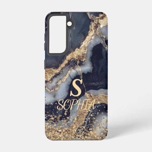 white marble chic gold glitter monogram samsung galaxyケース (裏面)