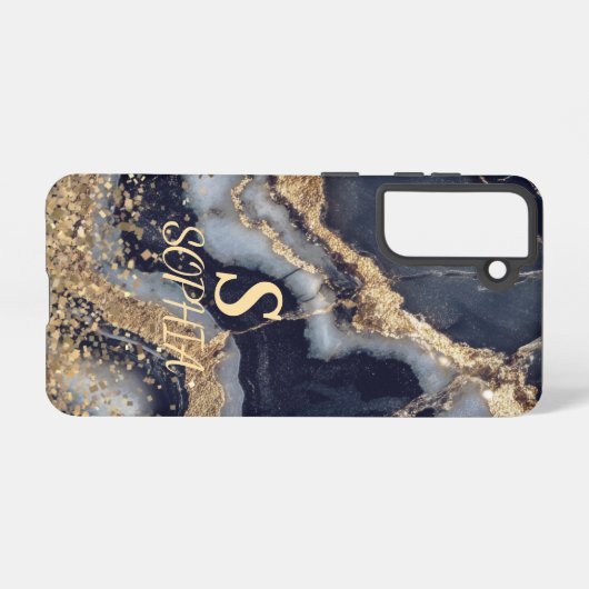 white marble chic gold glitter monogram samsung galaxyケース (裏面横)