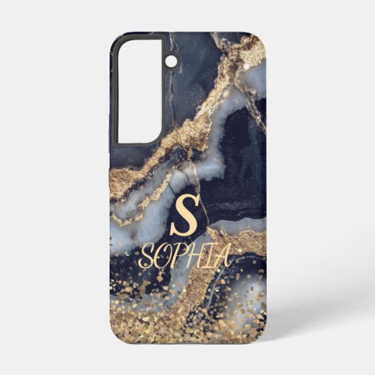 white marble chic gold glitter monogram samsung galaxyケース (裏面)