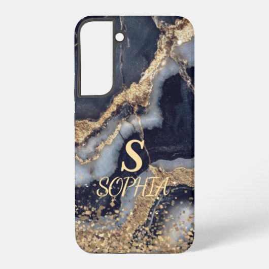 white marble chic gold glitter monogram samsung galaxyケース (裏面)