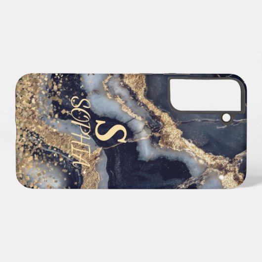 white marble chic gold glitter monogram samsung galaxyケース (裏面横)