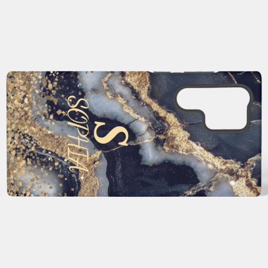 white marble chic gold glitter monogram samsung galaxyケース (裏面横)