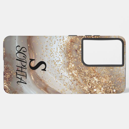 white marble chic gold glitter monogram samsung galaxyケース (裏面横)