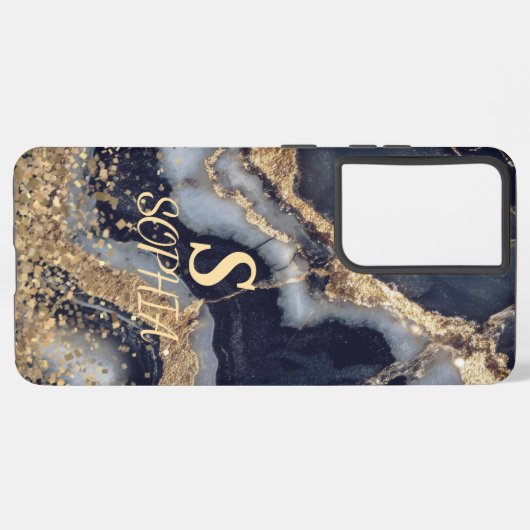 white marble chic gold glitter monogram samsung galaxyケース (左側面)
