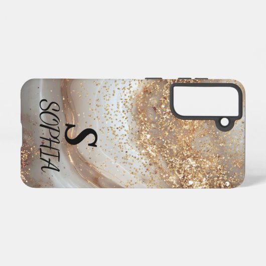 white marble chic gold glitter monogram samsung galaxyケース (裏面横)