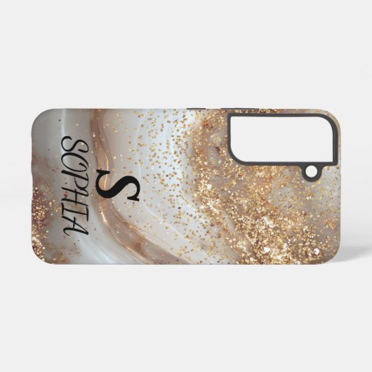 white marble chic gold glitter monogram samsung galaxyケース (裏面横)