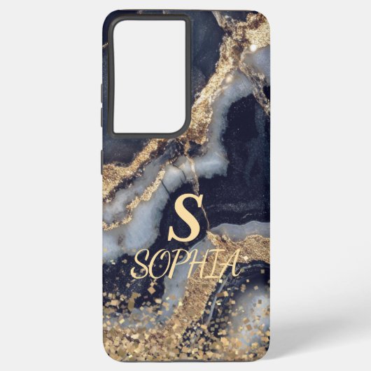 white marble chic gold glitter monogram samsung galaxyケース (裏面)