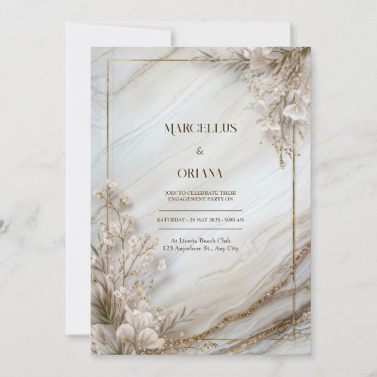 White Marble Gilded Botanical Wedding 招待状 (正面)