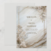 White Marble Gilded Botanical Wedding 招待状 (正面/裏面)