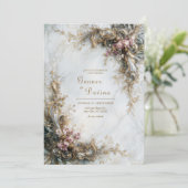White Marble Gold Pink Floral Rococo Wedding 招待状 (スタンド正面)