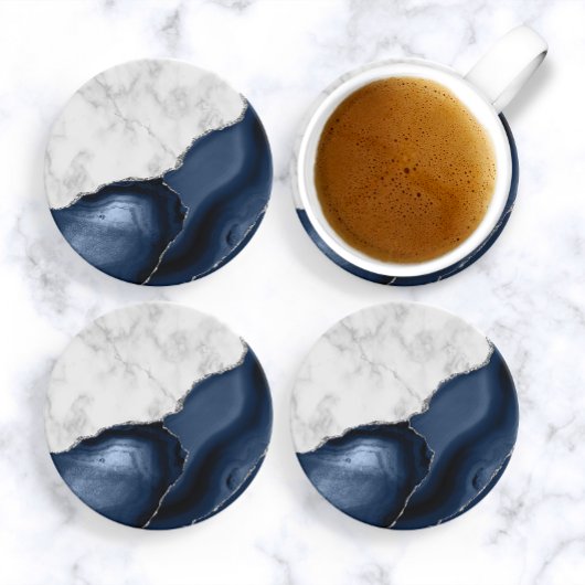 White Marble Navy Blue Agate Silver Glitter コースター