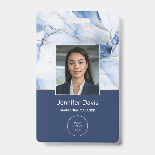 White Marble Navy Blue Gold Custom Name Badge バッジ (Front)