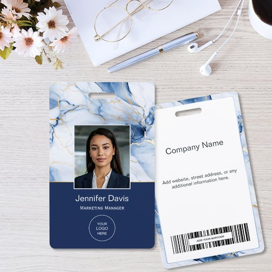 White Marble Navy Blue Gold Custom Name Badge バッジ