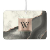 White Marble Rose Gold Black Agate Monogram カーエアーフレッシュナー (裏面)