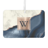 White Marble Rose Gold Navy Blue Agate Monogram カーエアーフレッシュナー (裏面)