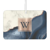 White Marble Rose Gold Navy Blue Agate Monogram カーエアーフレッシュナー (正面)