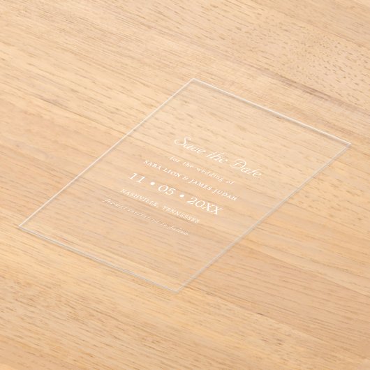 White Minimal Modern Save the Date Card アクリル招待状 (レイダウン)