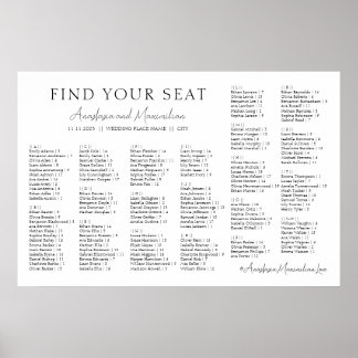 White Minimal Wedding Alphabetical Seating Chart ポスター