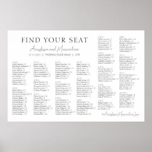White Minimal Wedding Alphabetical Seating Chart ポスター (正面)