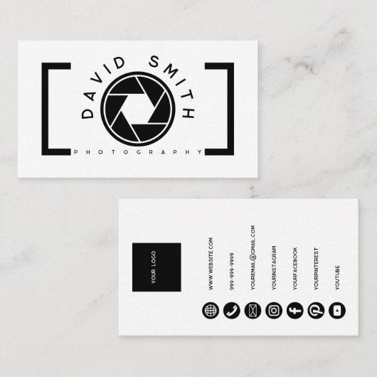 White Minimalist Camera Photographer Business Card 名刺 (正面/裏面)