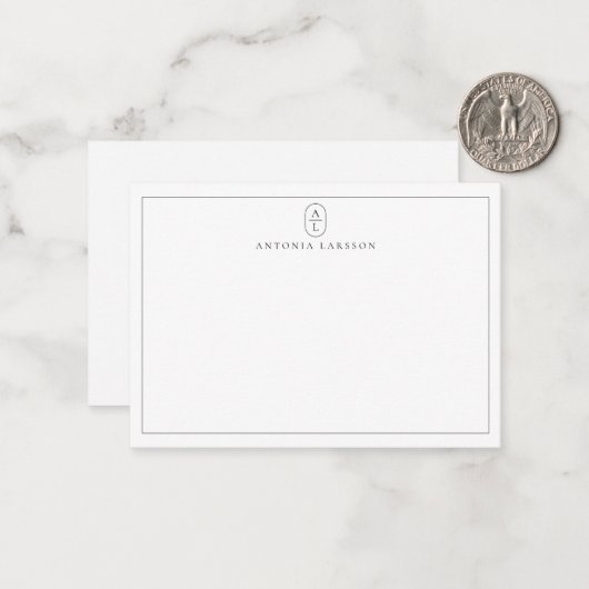 White Minimalist Monogram Name Flat Note Card ノートカード (正面/裏面インサイチュ)