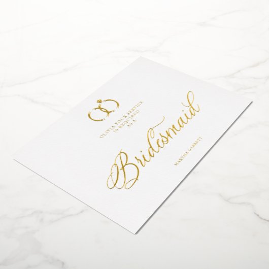 White Minimalist Wedding Rings Bridesmaid Luxury 箔招待状 (回転した状態)